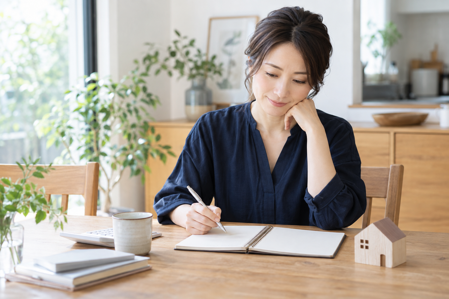 明るいダイニングで家計のノートを広げ、住まいとこれからの暮らしを考える女性